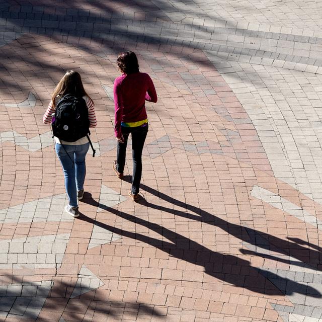 Two female students cast a long shadow on the commons